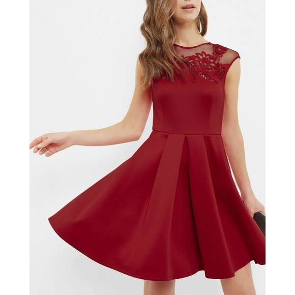 💕TED BAKER💕 Red Embroidered Mesh Cut Out Dress - Picture 2 of 8